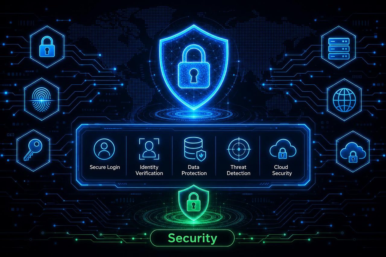 Bank-grade security: secure login, identity verification, data protection, threat detection, cloud security